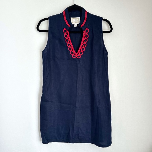 Sail to Sable Navy Blue Linen Sleeveless Mini Short Dress Red Embroider Trim S - Picture 1 of 8
